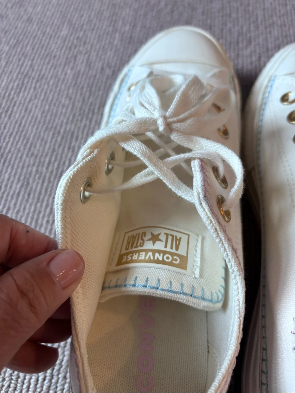 Converse White Low-Top Canvas Platform with Gold Eyelets and pastel stitching